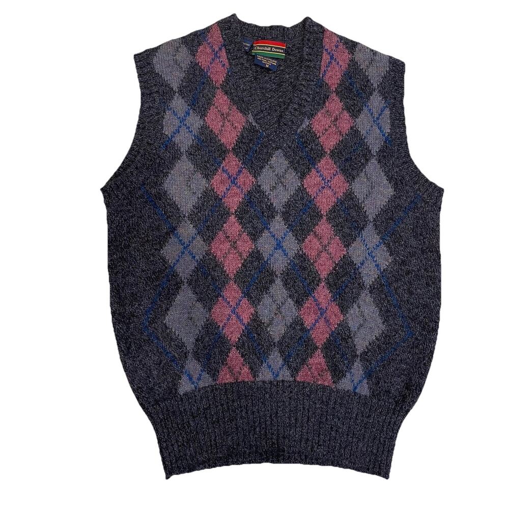 Y2K Vintage Sweater Vest Mens M Argyle Knitted Wool Academia Preppy Wedding